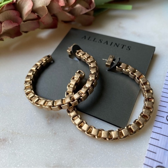 AllSaints Large Frozen Box Chain Hoops Gold Tone Earrings Womens Jewelry New - Picture 3 of 4